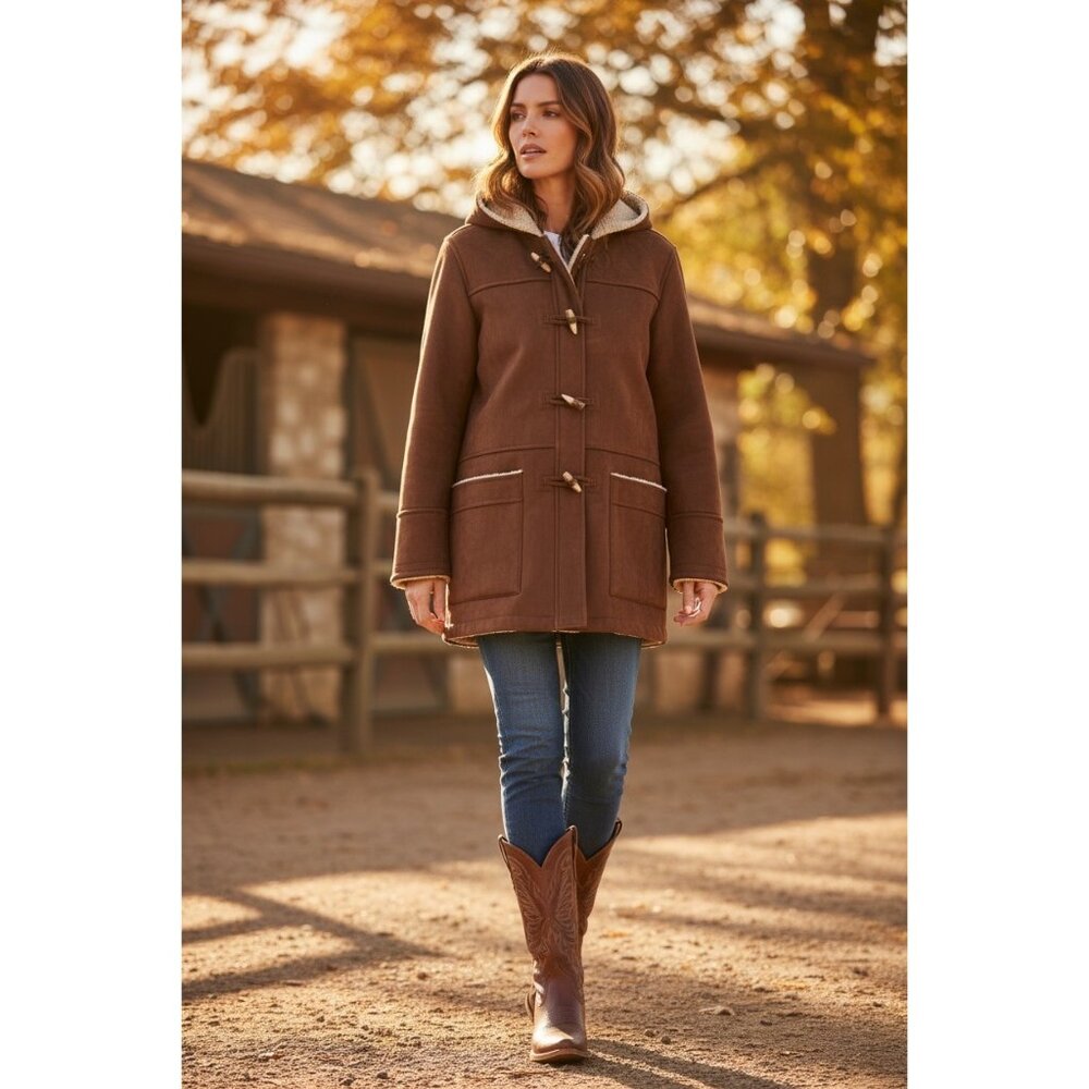90s Ralph Lauren Suede Shearling Duffle Coat Women Small Brown Equestrian Hooded